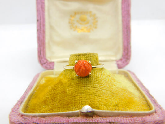 14ct Yellow Gold & Carved Red Coral Floral Set Band Ring Antique c1920 Art Deco