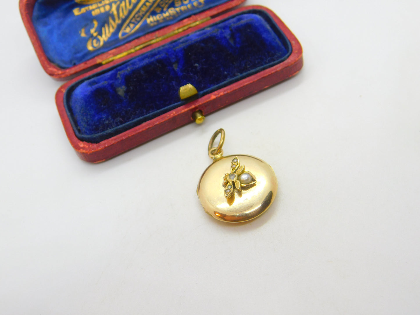 Edwardian 9ct Gold Back & Front, Pearl & Diamond Insect Locket Pendant Antique