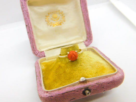 14ct Yellow Gold & Carved Red Coral Floral Set Band Ring Antique c1920 Art Deco