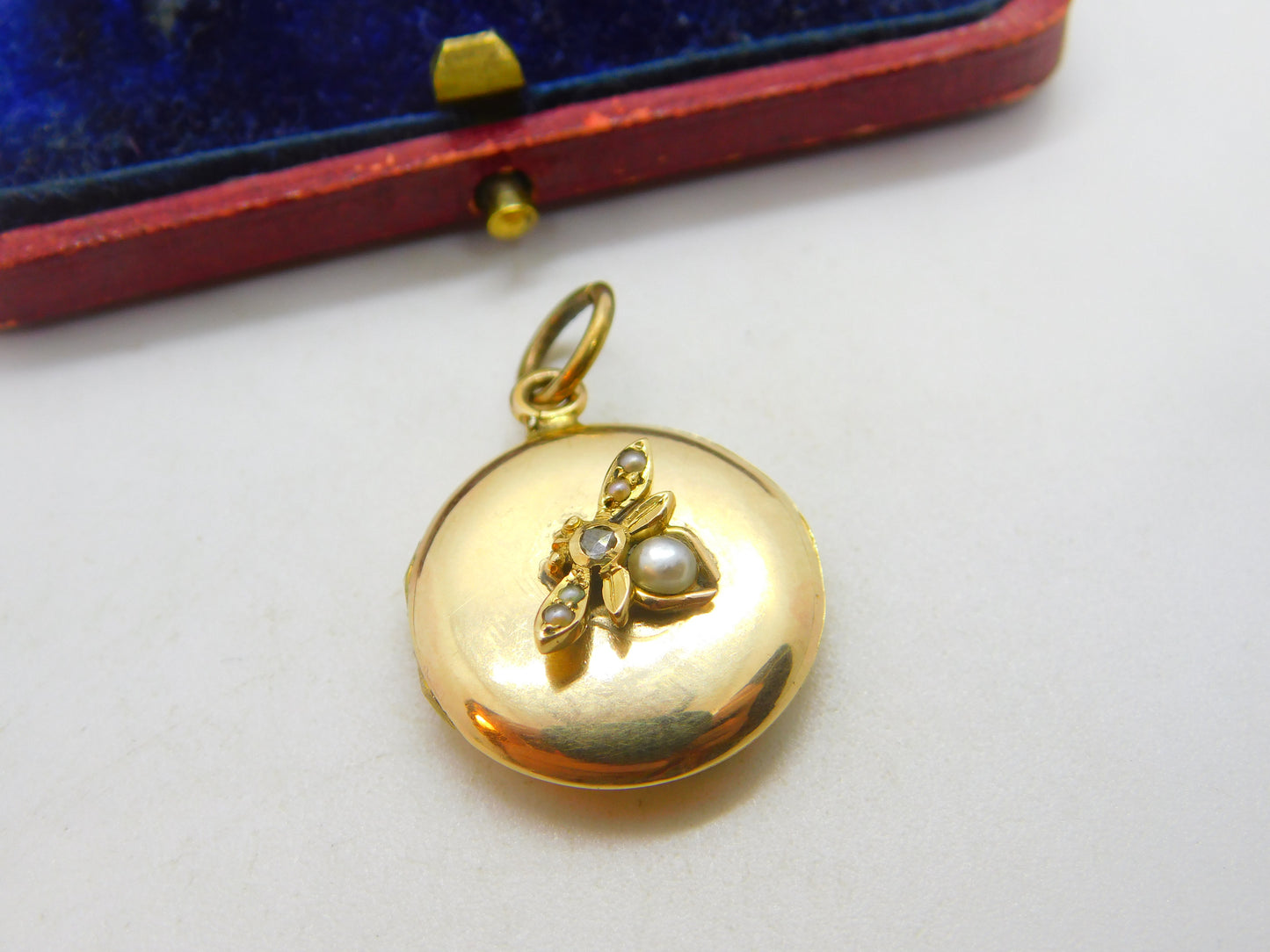 Edwardian 9ct Gold Back & Front, Pearl & Diamond Insect Locket Pendant Antique