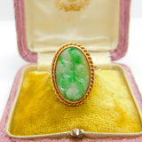 9ct Yellow Gold Carved Apple Green Jade Statement Ring 1965 London Vintage