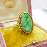 9ct Yellow Gold Carved Apple Green Jade Statement Ring 1965 London Vintage