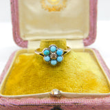 Victorian 9ct Gold, Turquoise & Natural Diamond Floral Cluster Ring Antique