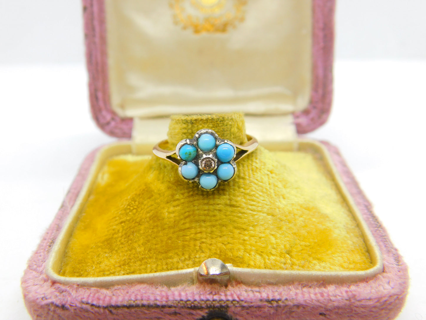 Victorian 9ct Gold, Turquoise & Natural Diamond Floral Cluster Ring Antique