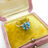 Victorian 9ct Gold, Turquoise & Natural Diamond Floral Cluster Ring Antique