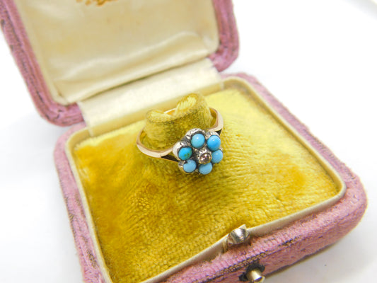Victorian 9ct Gold, Turquoise & Natural Diamond Floral Cluster Ring Antique