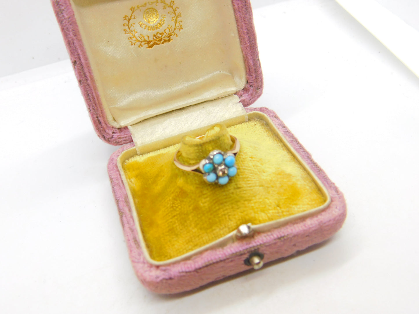 Victorian 9ct Gold, Turquoise & Natural Diamond Floral Cluster Ring Antique