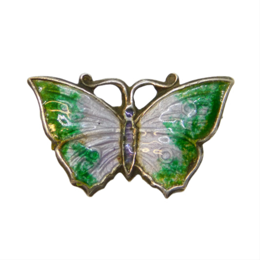 Small Sterling Silver Guilloche Enamel Butterfly Brooch Pin Antique c1920 Deco