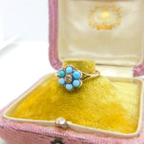Victorian 9ct Gold, Turquoise & Natural Diamond Floral Cluster Ring Antique