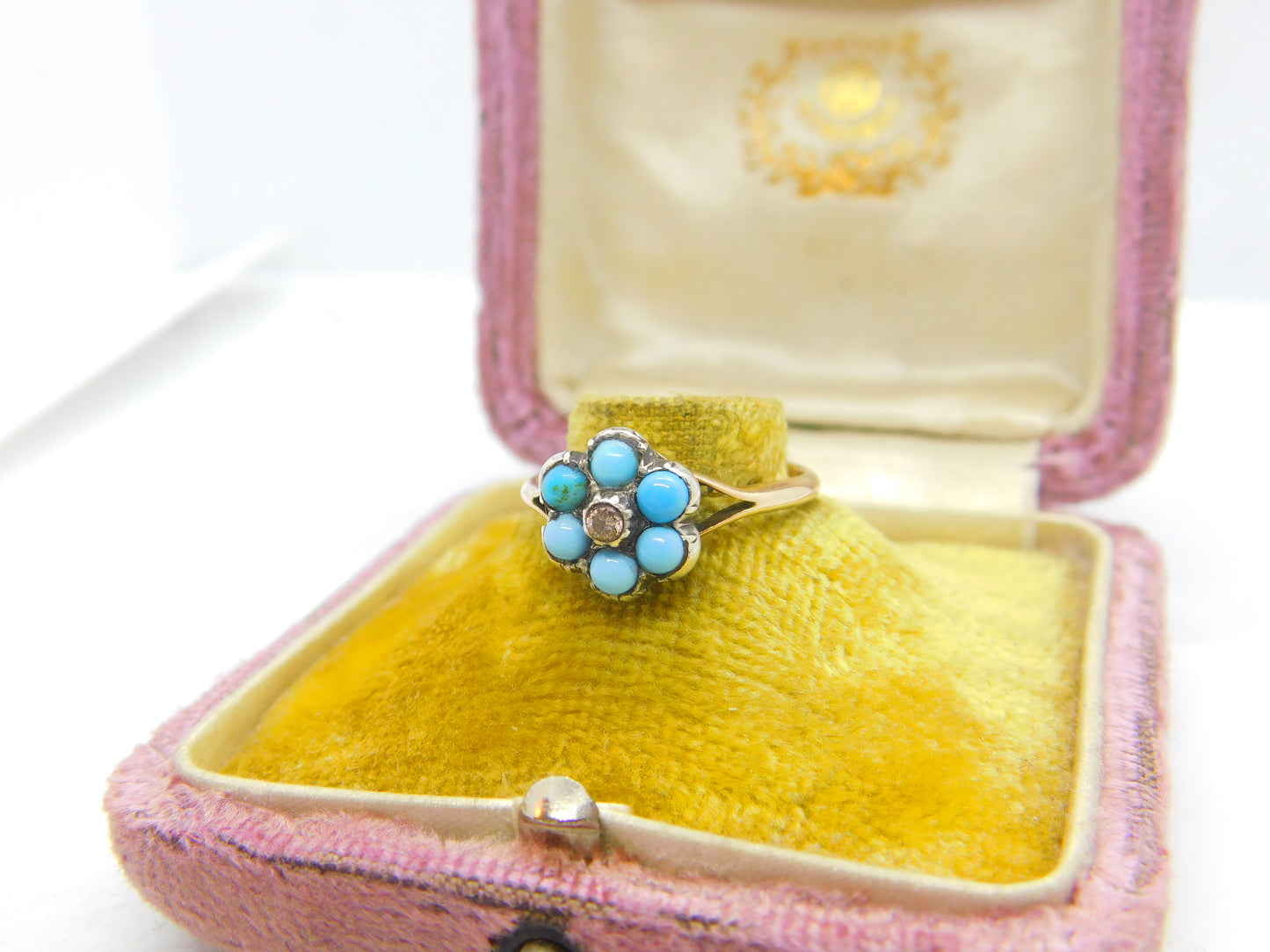 Victorian 9ct Gold, Turquoise & Natural Diamond Floral Cluster Ring Antique