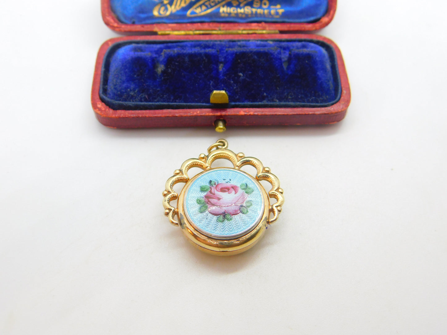 Victorian Gold Plated Floral Guilloche Enamel Sweetheart Fob Locket Pendant 1900