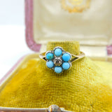 Victorian 9ct Gold, Turquoise & Natural Diamond Floral Cluster Ring Antique