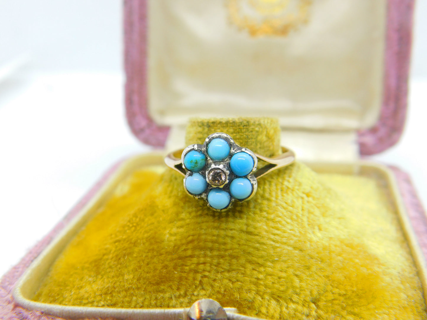 Victorian 9ct Gold, Turquoise & Natural Diamond Floral Cluster Ring Antique