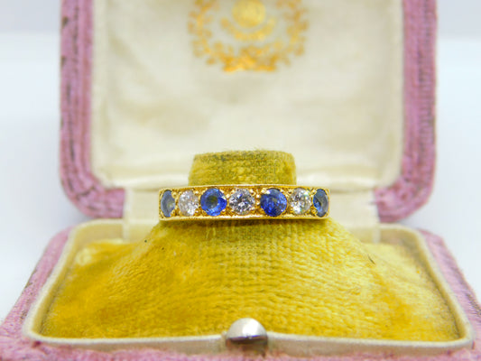 18ct Yellow Gold, 0.6ct Diamond & Sapphire Half Eternity Ring 1980 Sheffield