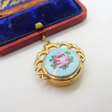Victorian Gold Plated Floral Guilloche Enamel Sweetheart Fob Locket Pendant 1900
