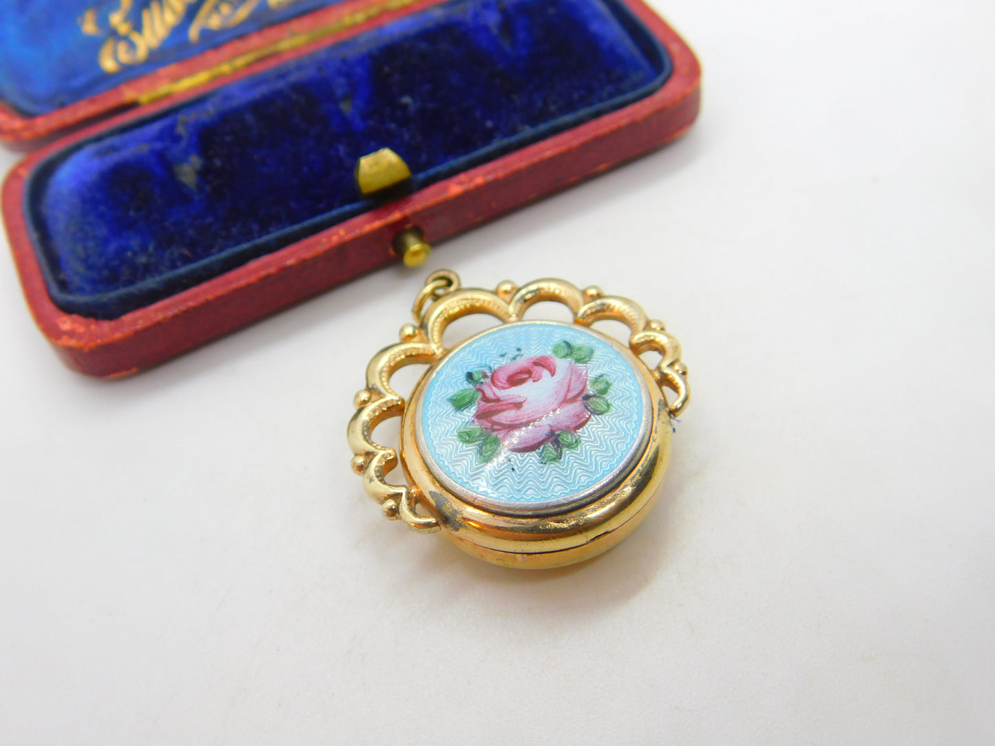 Victorian Gold Plated Floral Guilloche Enamel Sweetheart Fob Locket Pendant 1900