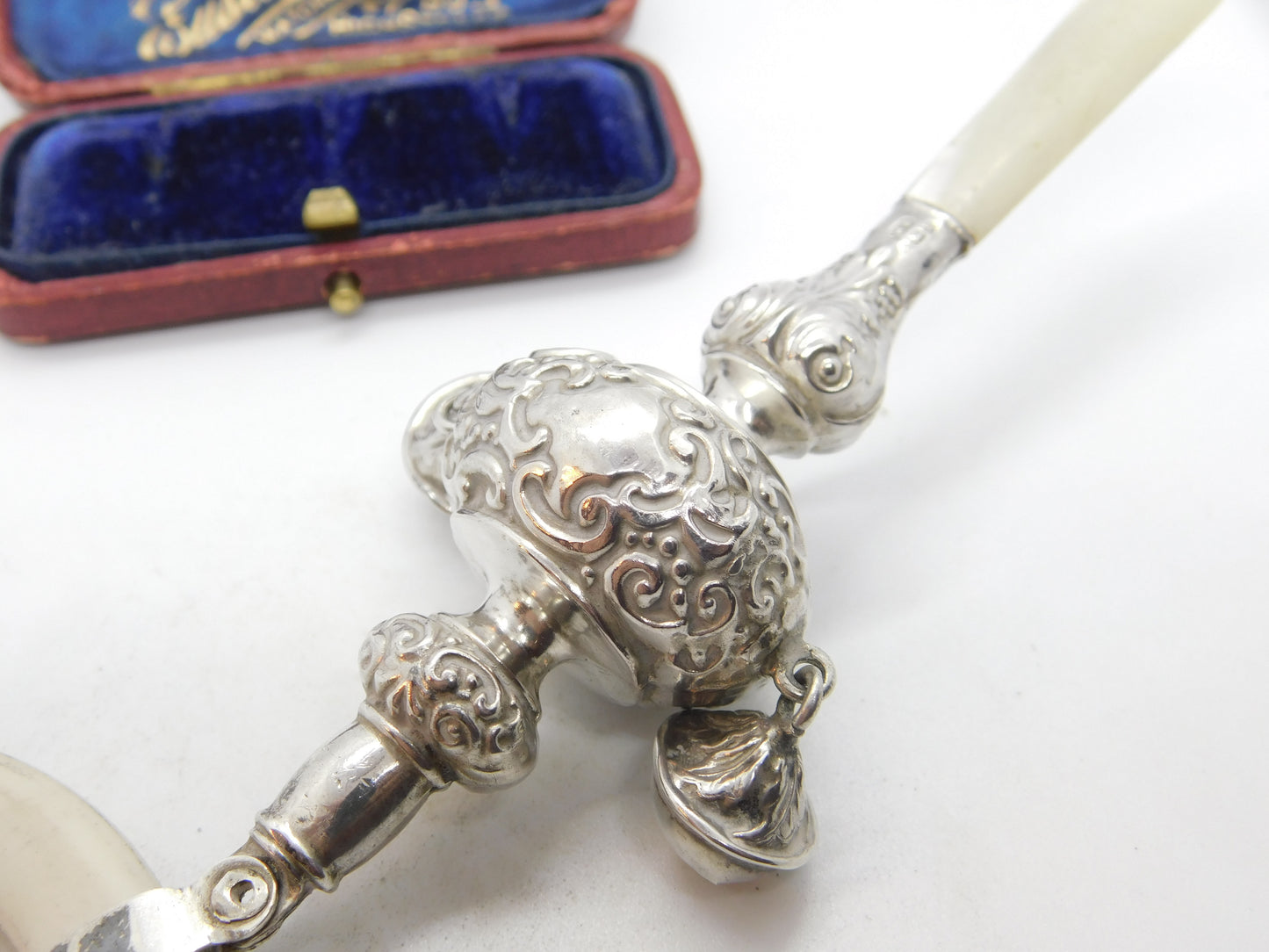 Sterling Silver, Mother of Pearl & Bakelite Baby Rattle & Teether 1930 Antique