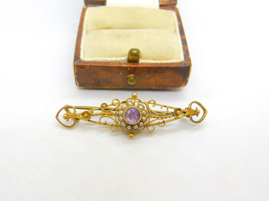 Edwardian 9ct Yellow Gold, Seed Pearl & Amethyst Brooch Antique c1910