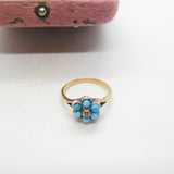 Victorian 9ct Gold, Turquoise & Natural Diamond Floral Cluster Ring Antique