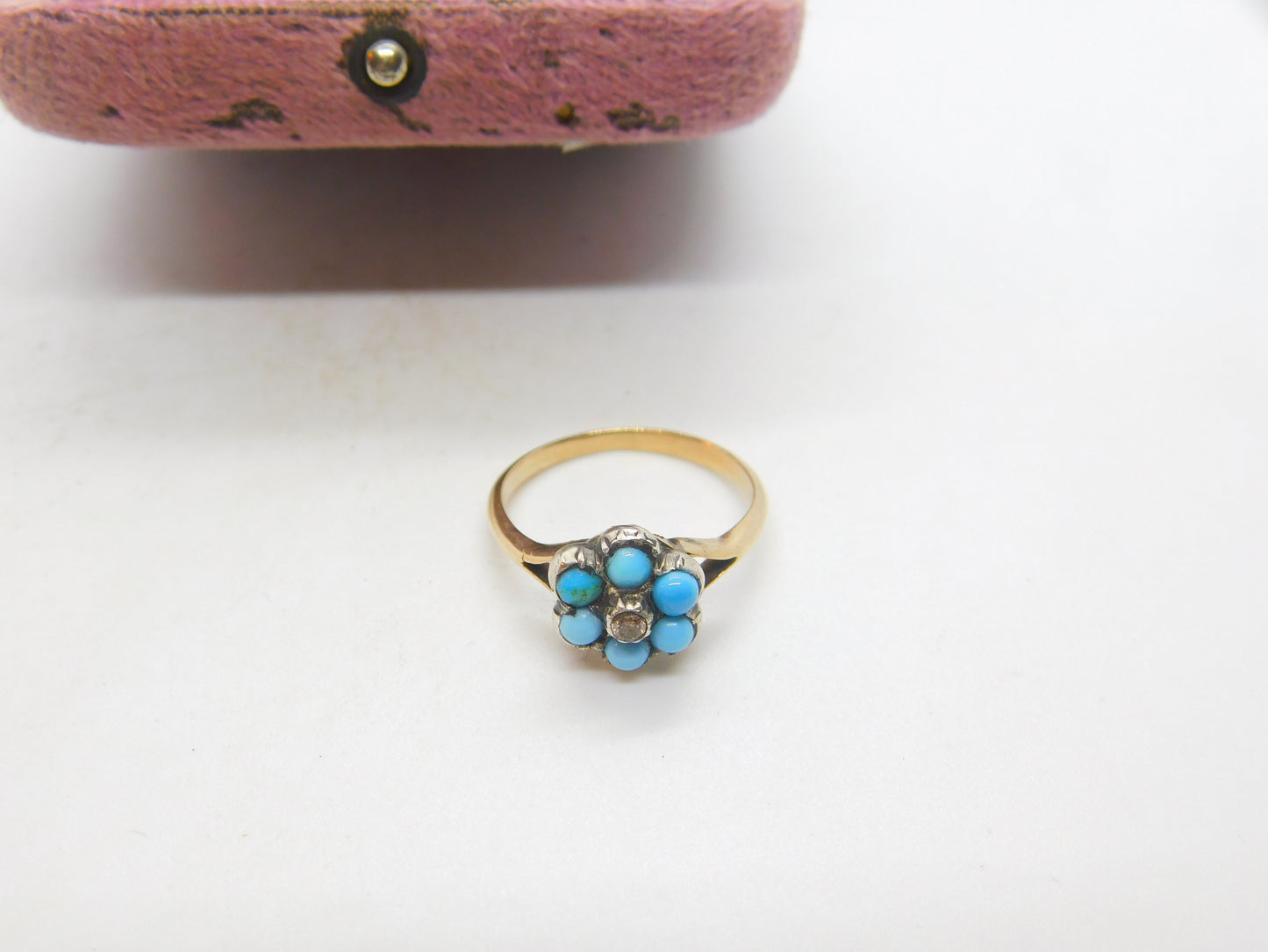 Victorian 9ct Gold, Turquoise & Natural Diamond Floral Cluster Ring Antique