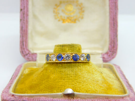 18ct Yellow Gold, 0.6ct Diamond & Sapphire Half Eternity Ring 1980 Sheffield