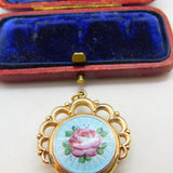 Victorian Gold Plated Floral Guilloche Enamel Sweetheart Fob Locket Pendant 1900