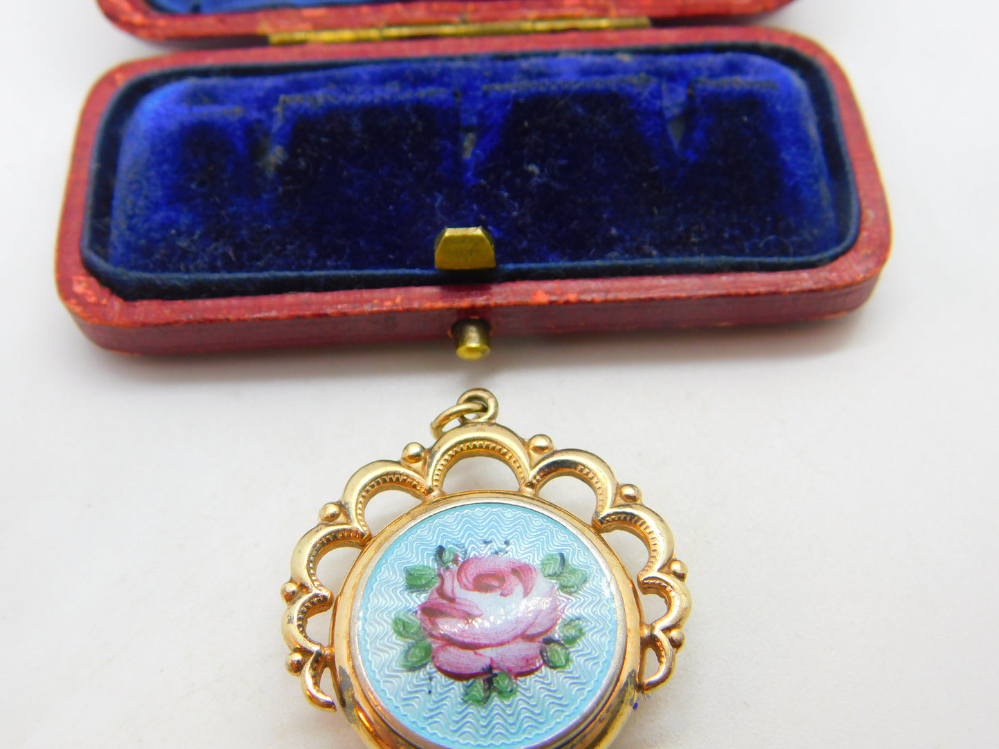 Victorian Gold Plated Floral Guilloche Enamel Sweetheart Fob Locket Pendant 1900