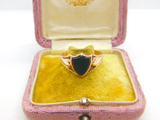 Victorian 9ct Gold Carved Shield Bloodstone Set Signet Ring 1891 Birmingham