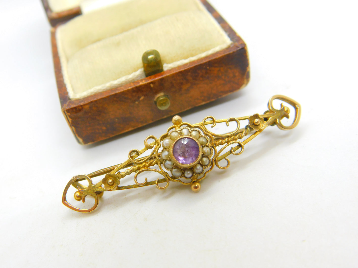 Edwardian 9ct Yellow Gold, Seed Pearl & Amethyst Brooch Antique c1910