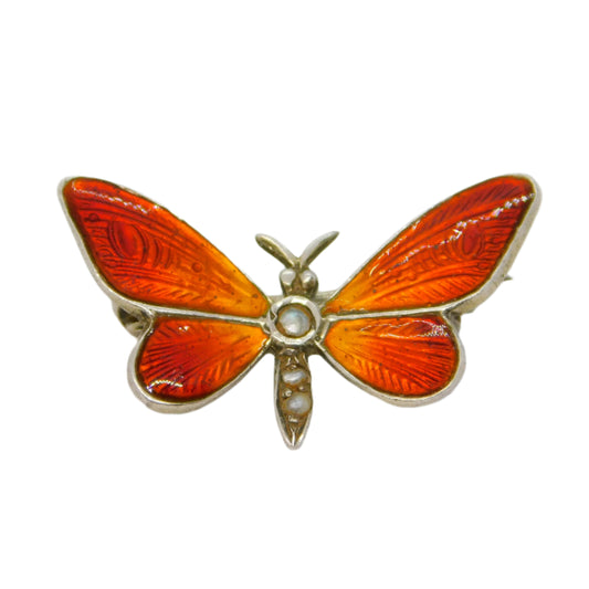 Sterling Silver, Red Enamel, Seed Pearl Butterfly Brooch Antique c1920 Deco