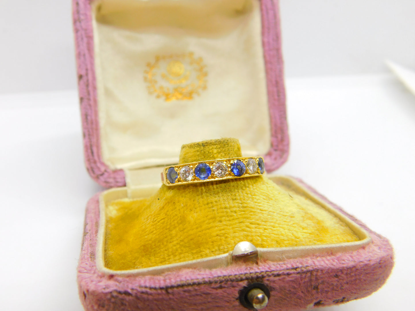 18ct Yellow Gold, 0.6ct Diamond & Sapphire Half Eternity Ring 1980 Sheffield