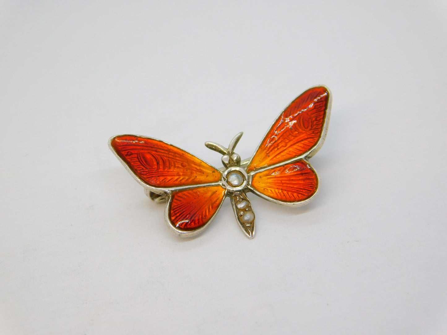 Sterling Silver, Red Enamel, Seed Pearl Butterfly Brooch Antique c1920 Deco