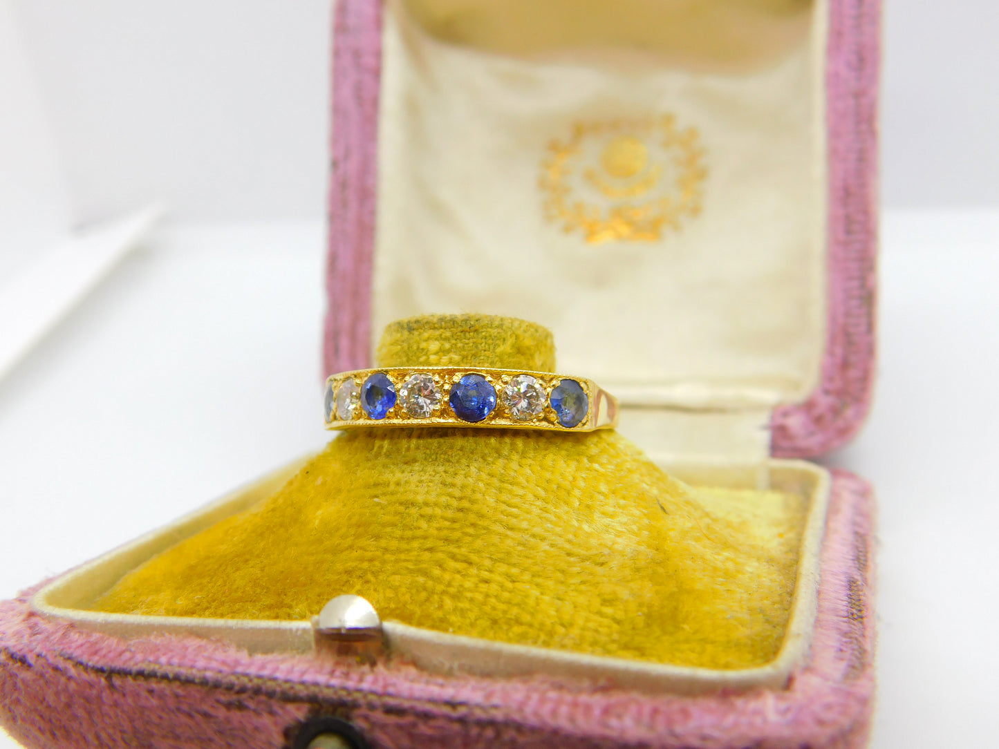 18ct Yellow Gold, 0.6ct Diamond & Sapphire Half Eternity Ring 1980 Sheffield