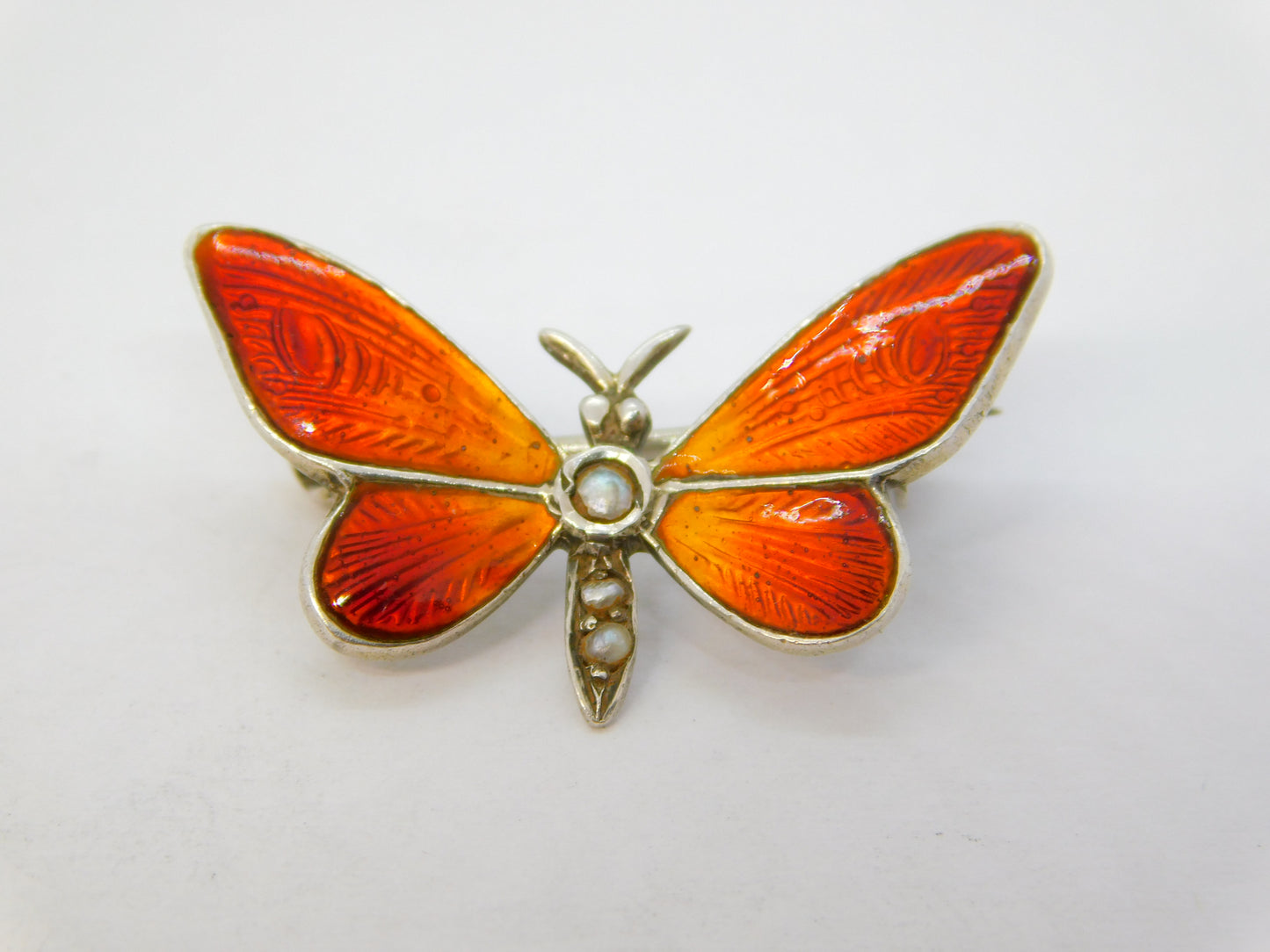 Sterling Silver, Red Enamel, Seed Pearl Butterfly Brooch Antique c1920 Deco