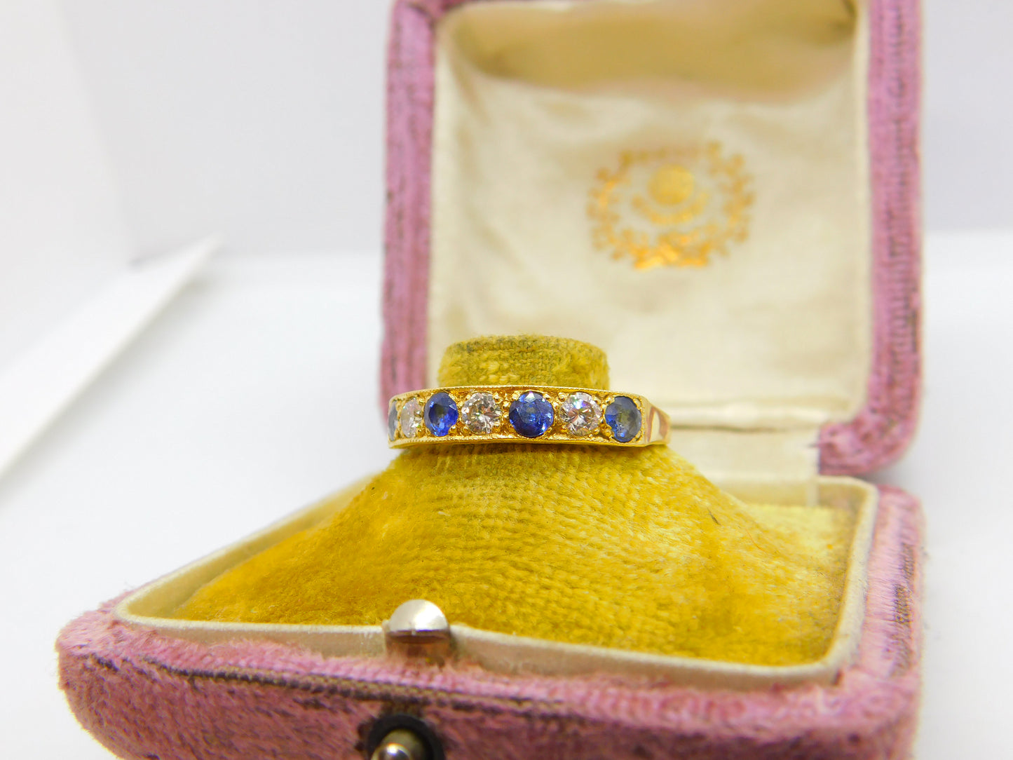 18ct Yellow Gold, 0.6ct Diamond & Sapphire Half Eternity Ring 1980 Sheffield