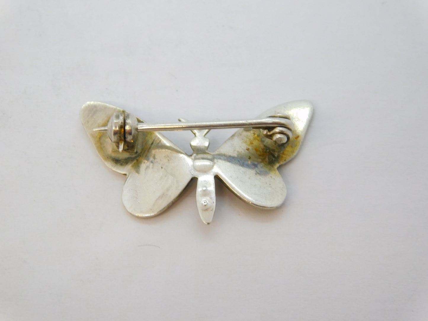 Sterling Silver, Red Enamel, Seed Pearl Butterfly Brooch Antique c1920 Deco