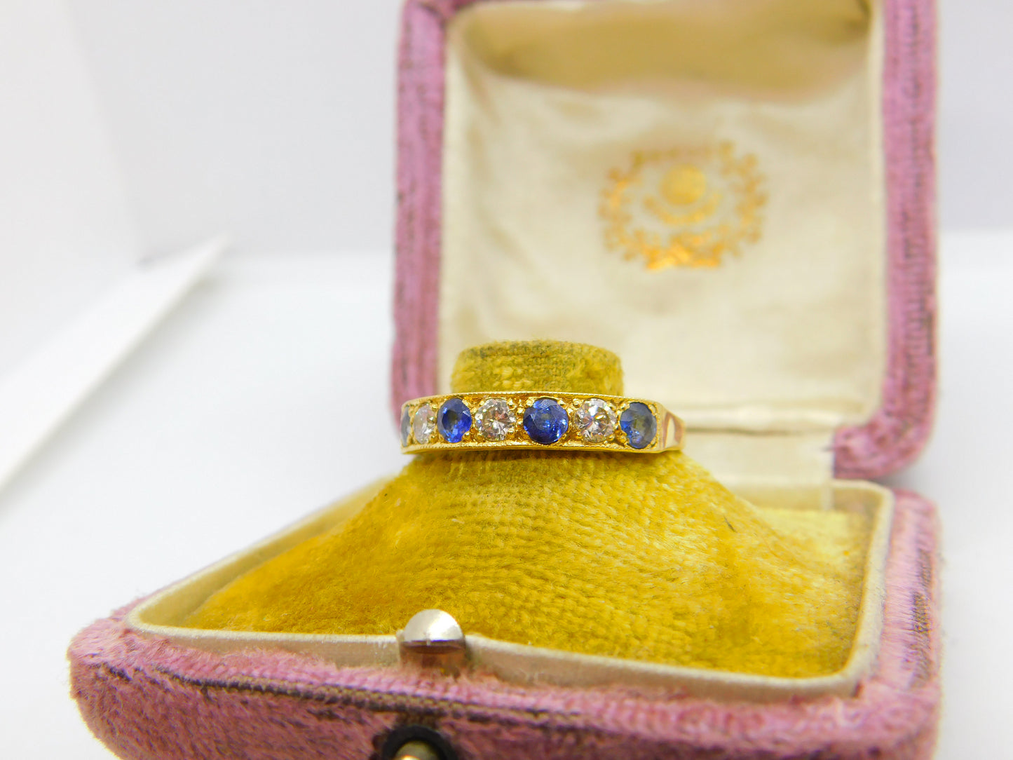 18ct Yellow Gold, 0.6ct Diamond & Sapphire Half Eternity Ring 1980 Sheffield