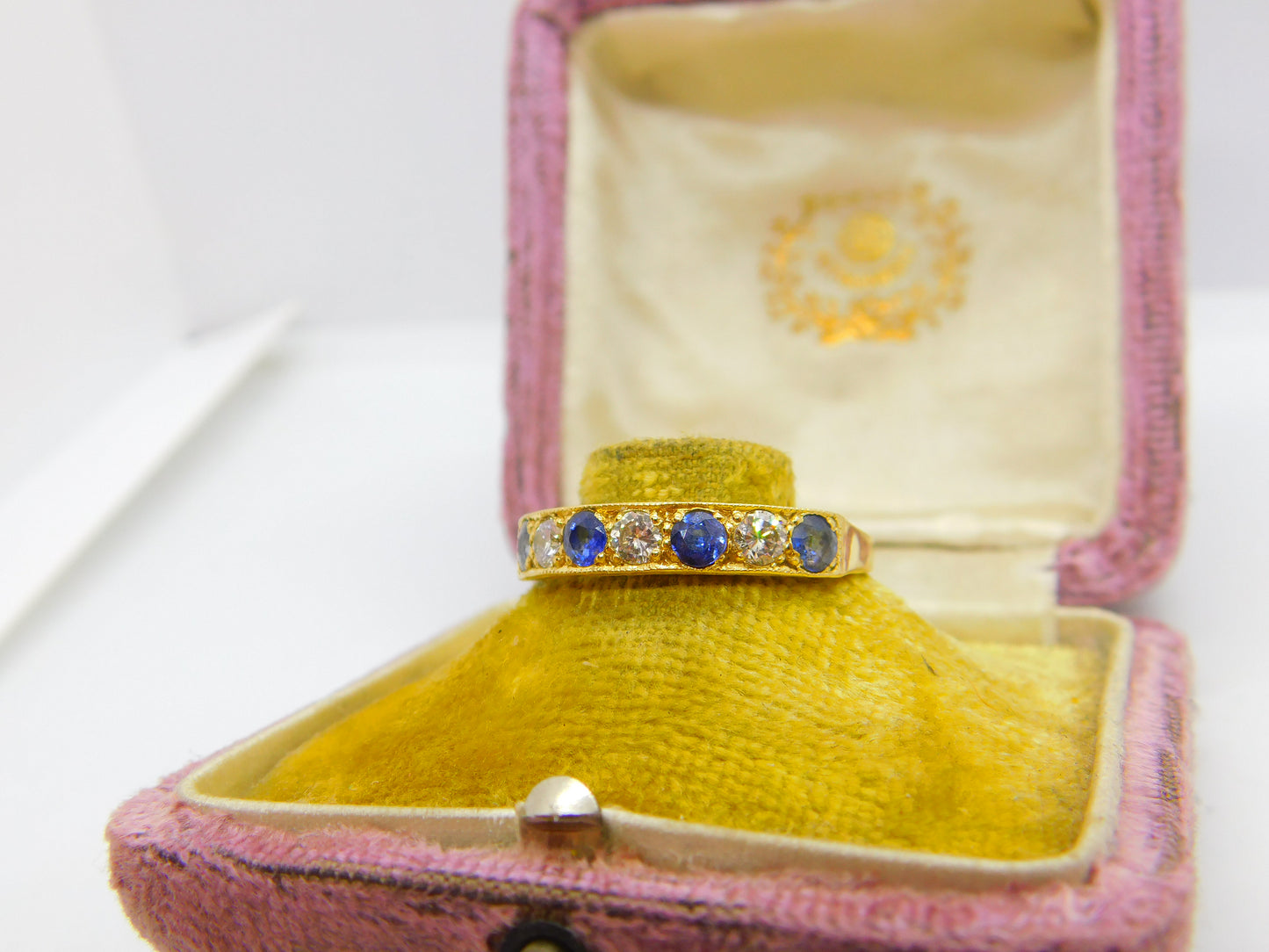 18ct Yellow Gold, 0.6ct Diamond & Sapphire Half Eternity Ring 1980 Sheffield