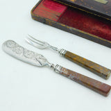 Victorian Sterling Silver & Red Agate Handled Breakfast Cutlery Set Antique 1844 Birmingham
