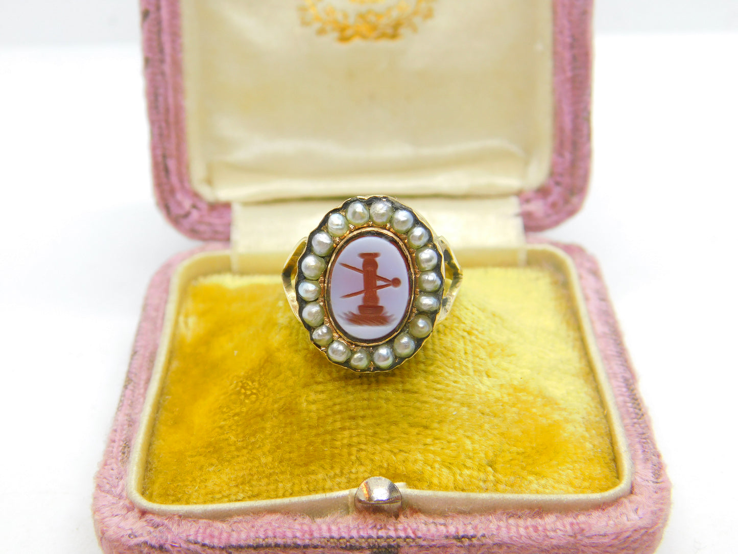 Georgian Early 15ct Yellow Gold, Seed Pearl & Sardonyx Intaglio Seal Ring c1790