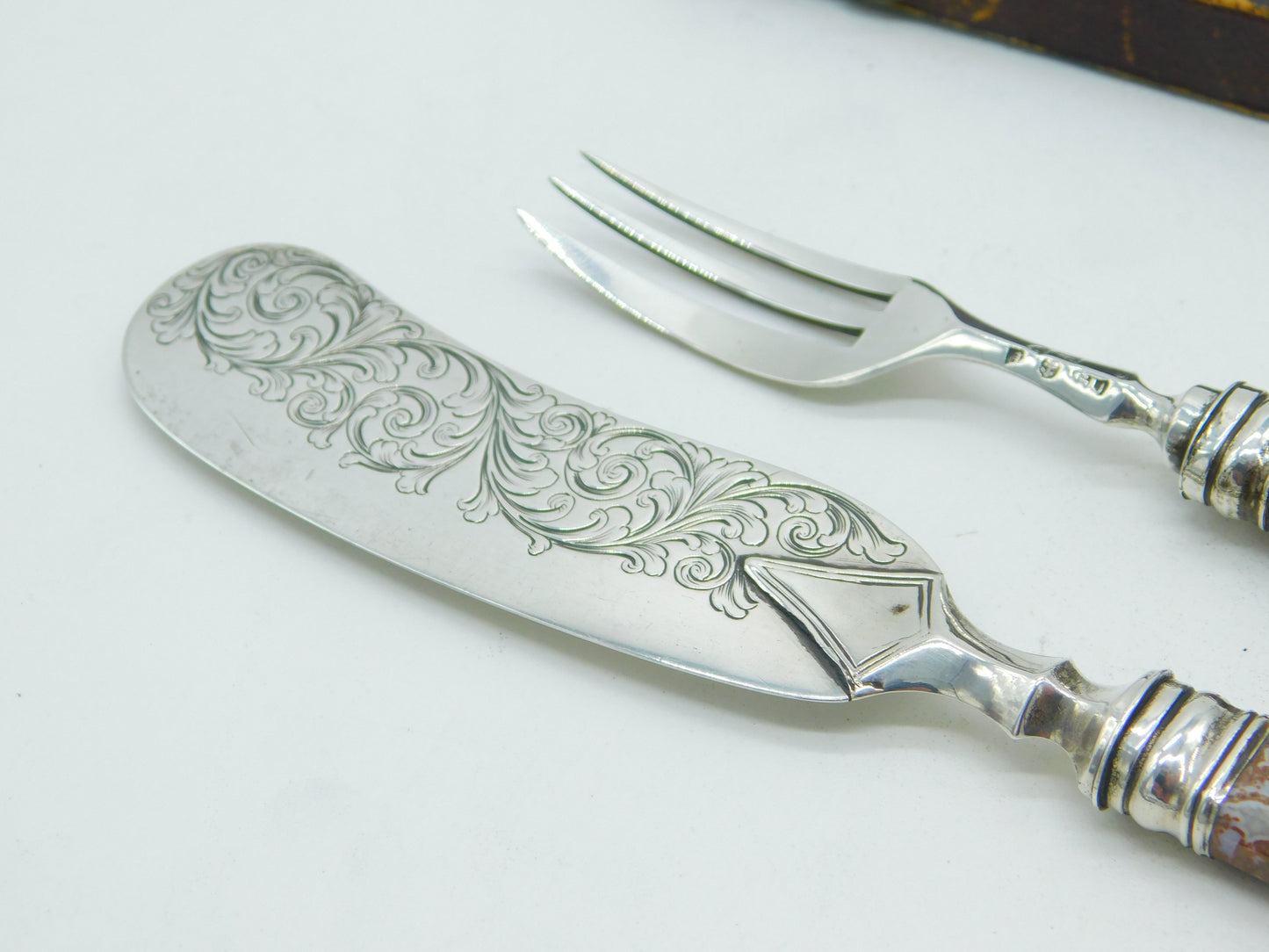 Victorian Sterling Silver & Red Agate Handled Breakfast Cutlery Set Antique 1844 Birmingham