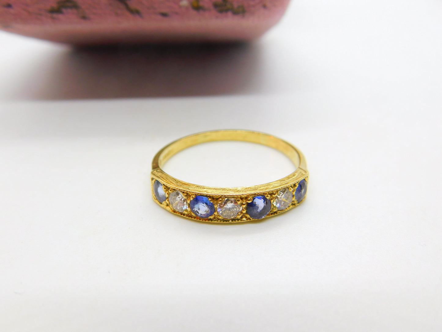 18ct Yellow Gold, 0.6ct Diamond & Sapphire Half Eternity Ring 1980 Sheffield