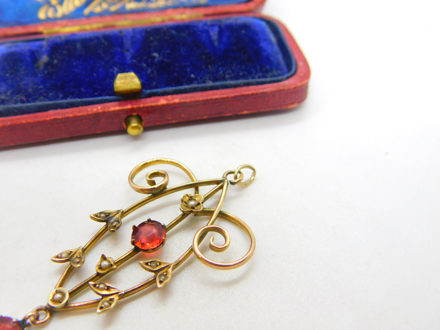 9ct Gold, Garnet & Seed Pearl Lavalier Drop Pendant Antique c1910 Edwardian