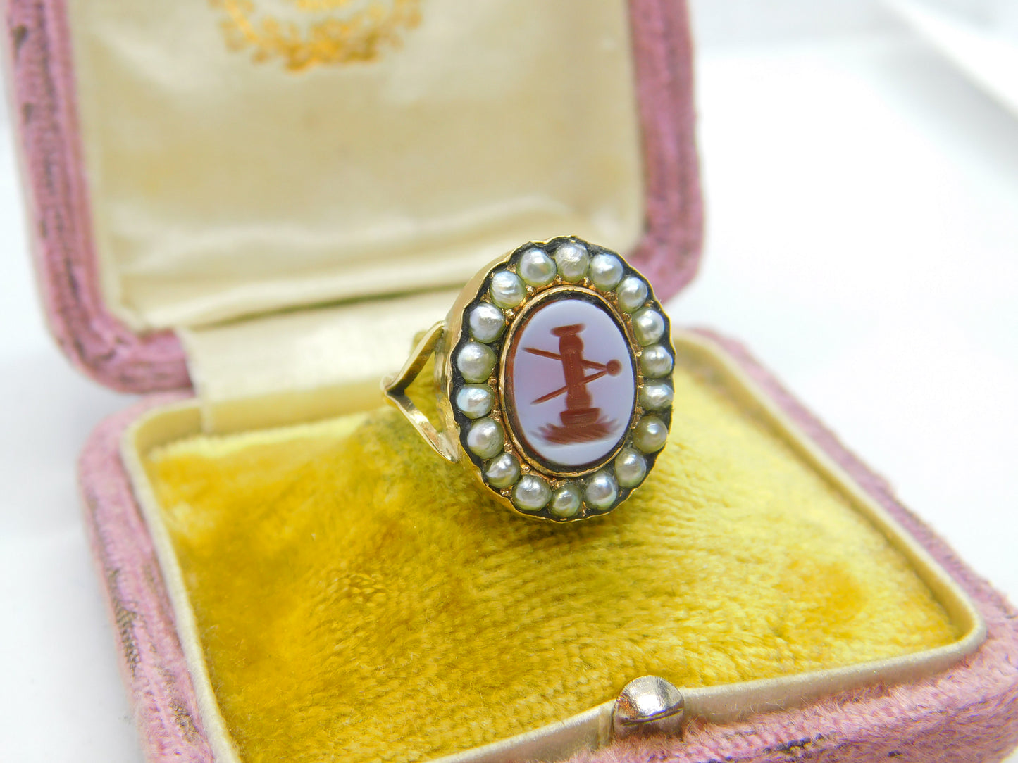 Georgian Early 15ct Yellow Gold, Seed Pearl & Sardonyx Intaglio Seal Ring c1790