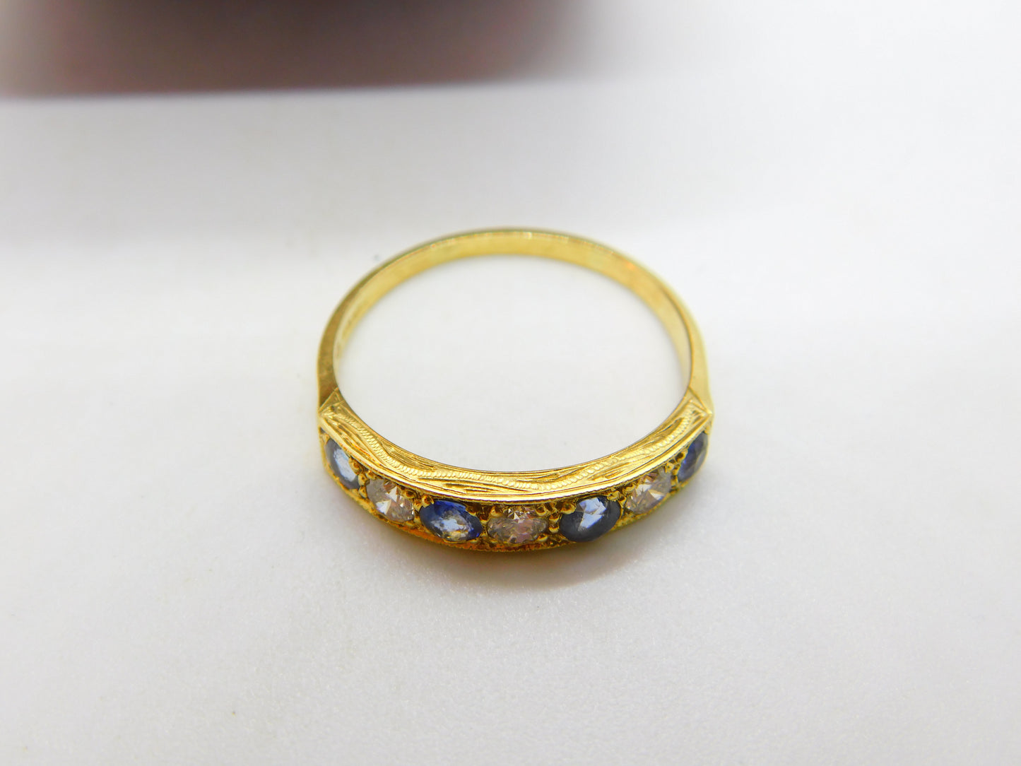 18ct Yellow Gold, 0.6ct Diamond & Sapphire Half Eternity Ring 1980 Sheffield