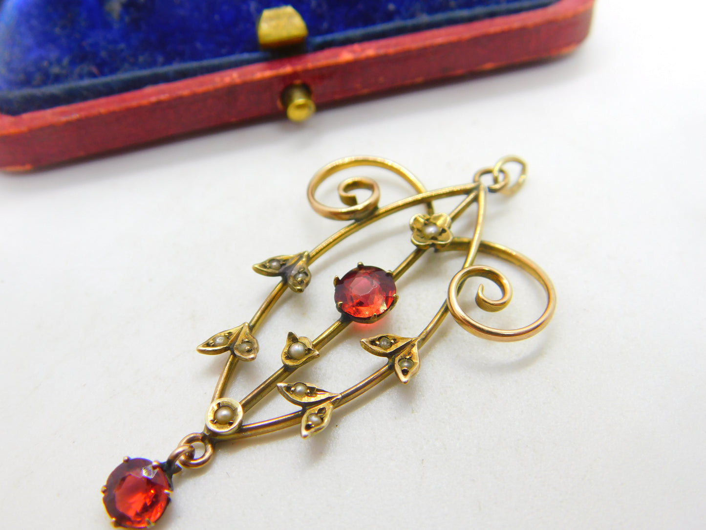 9ct Gold, Garnet & Seed Pearl Lavalier Drop Pendant Antique c1910 Edwardian