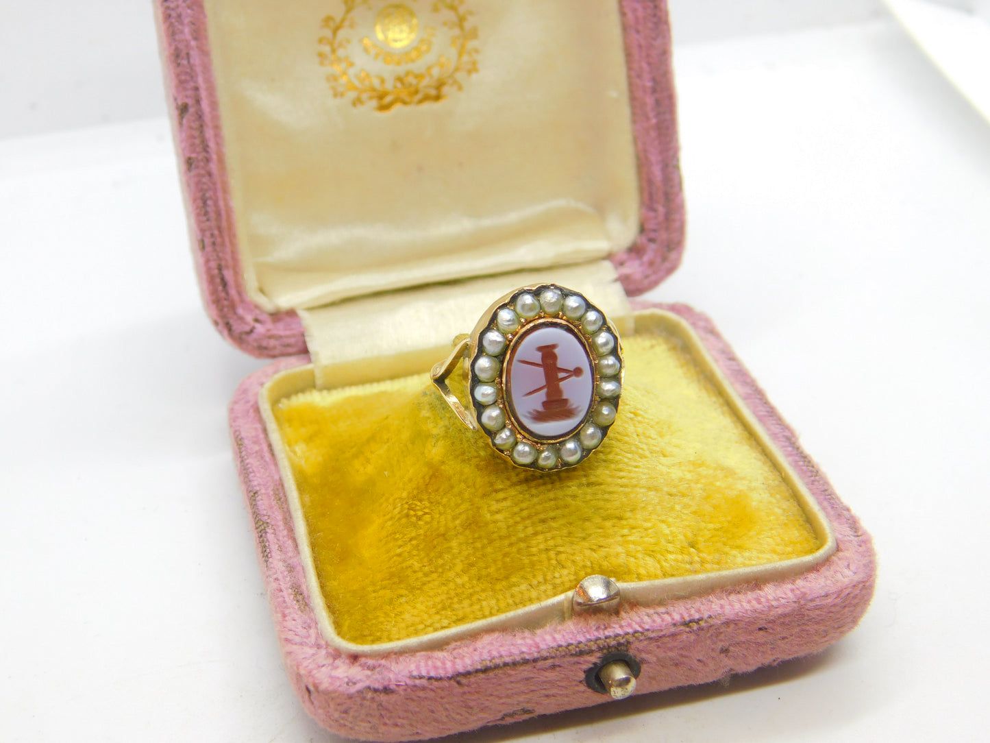 Georgian Early 15ct Yellow Gold, Seed Pearl & Sardonyx Intaglio Seal Ring c1790