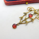 9ct Gold, Garnet & Seed Pearl Lavalier Drop Pendant Antique c1910 Edwardian
