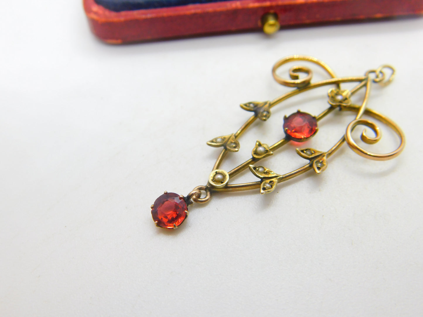 9ct Gold, Garnet & Seed Pearl Lavalier Drop Pendant Antique c1910 Edwardian