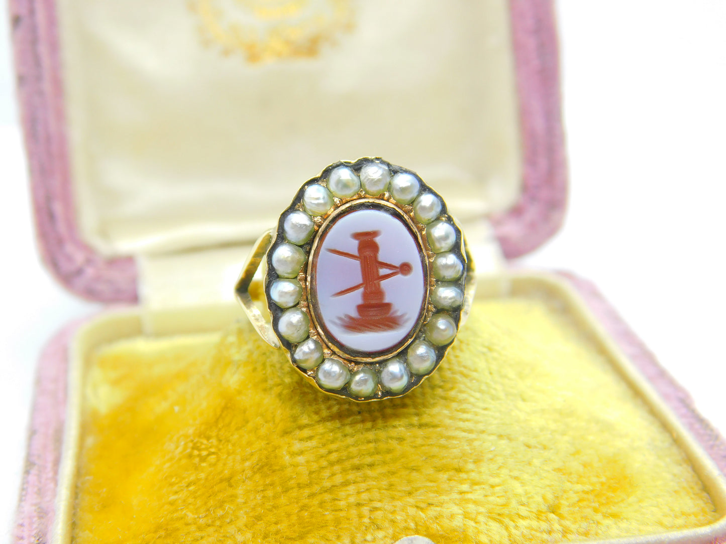 Georgian Early 15ct Yellow Gold, Seed Pearl & Sardonyx Intaglio Seal Ring c1790